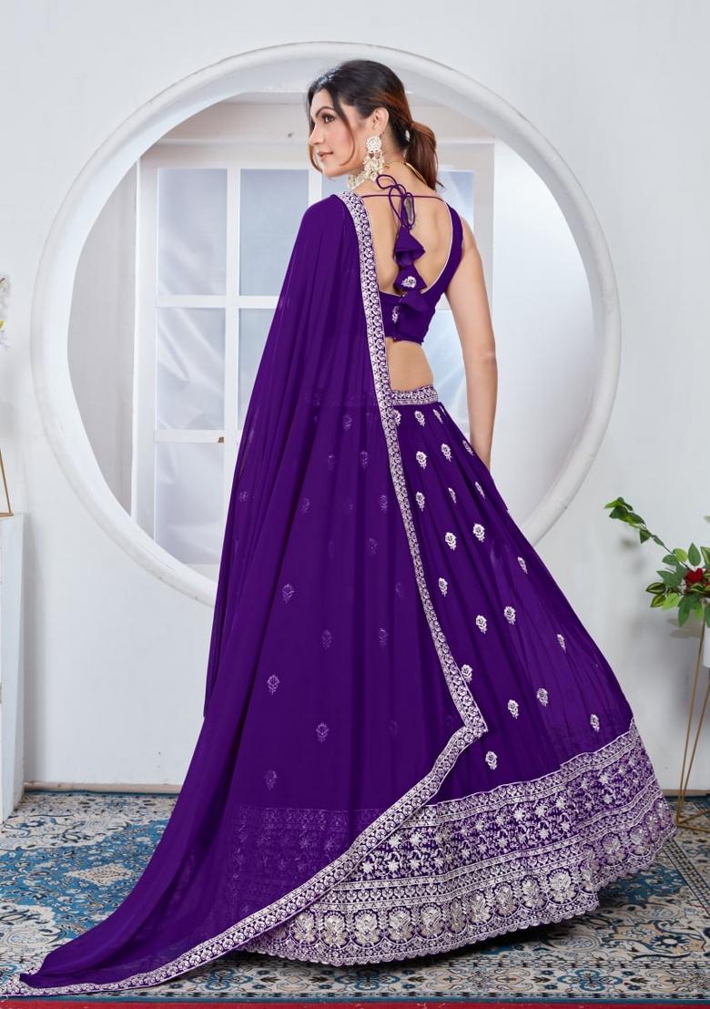 Purple Embroidered Silk Blend Lehenga Set - Indya
