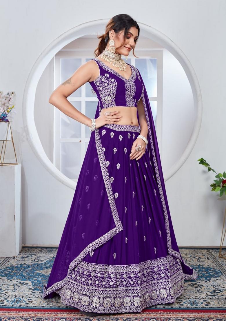 Purple Embroidered Silk Blend Lehenga Set - Indya