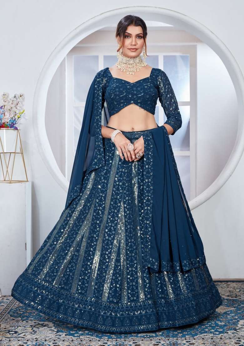 Teal Blue Embroidered Georgette Lehenga Set - Indya