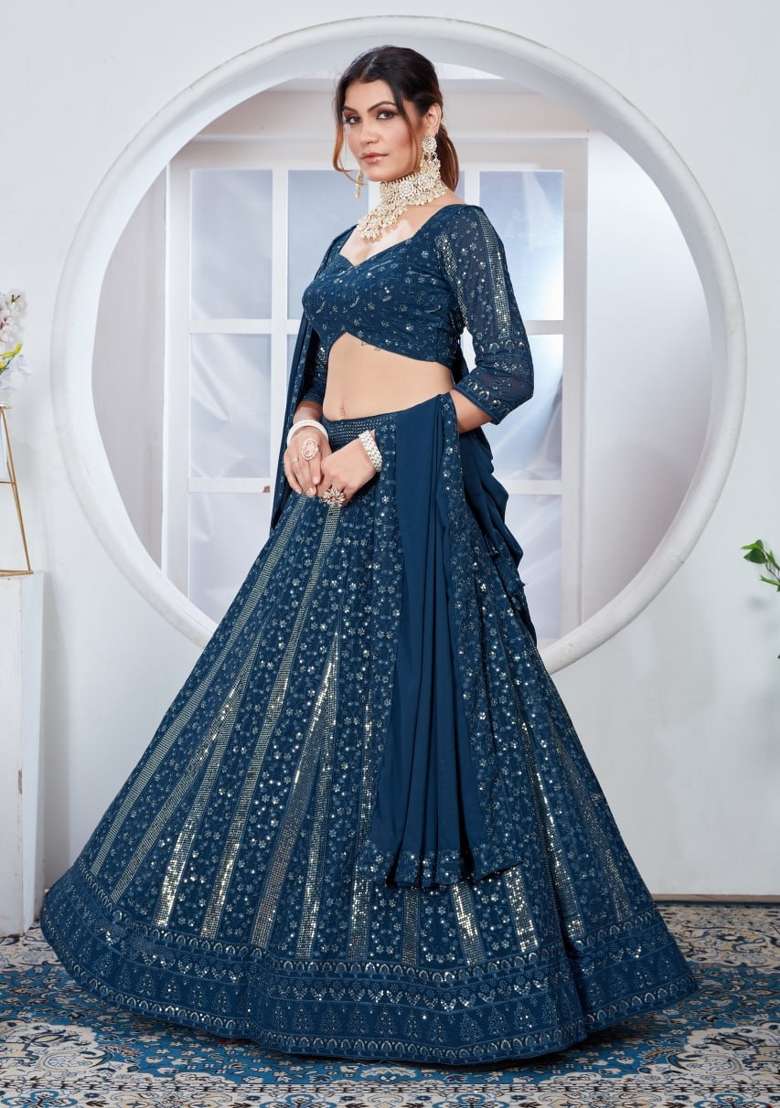 Teal Blue Embroidered Georgette Lehenga Set - Indya
