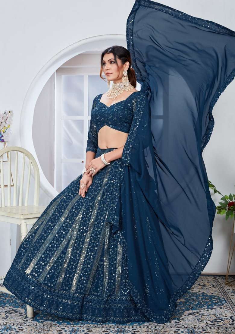 Teal Blue Embroidered Georgette Lehenga Set - Indya