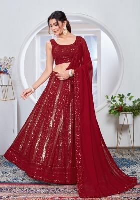 Red Embroidered Georgette Lehenga Set