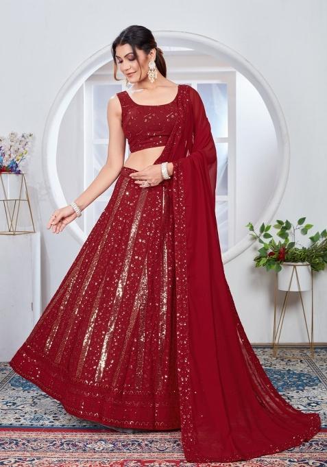 Red Embroidered Georgette Lehenga Set