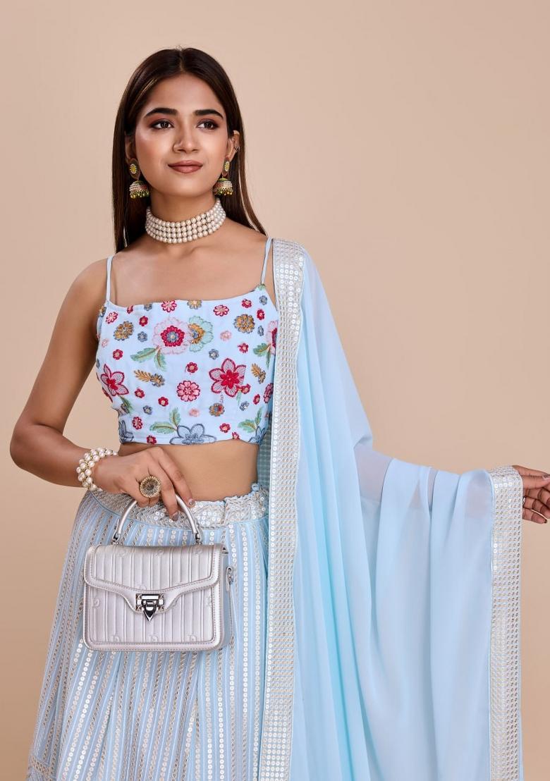 Sky Blue Embroidered Georgette Lehenga Set - Indya