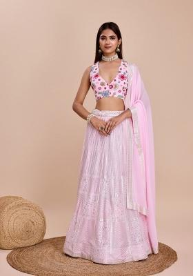 Pink Embroidered Georgette Lehenga Set