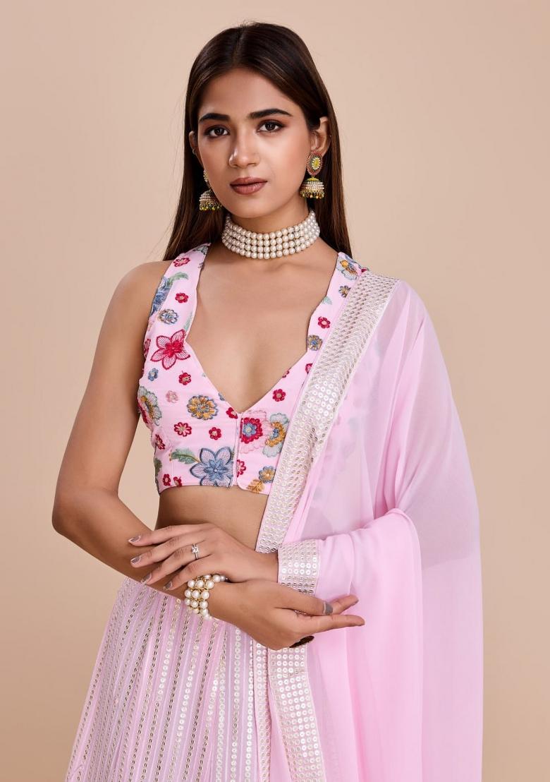 Pink Embroidered Georgette Lehenga Set - Indya