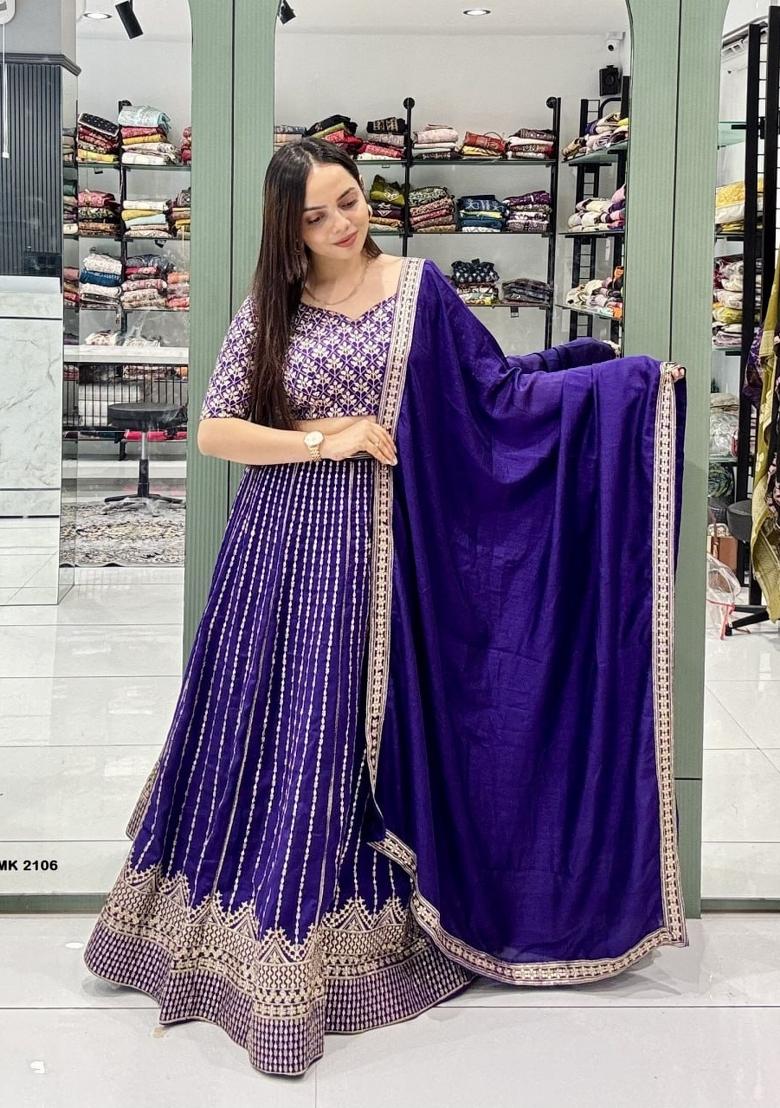Purple Embroidered Silk Blend Lehenga Set - Indya