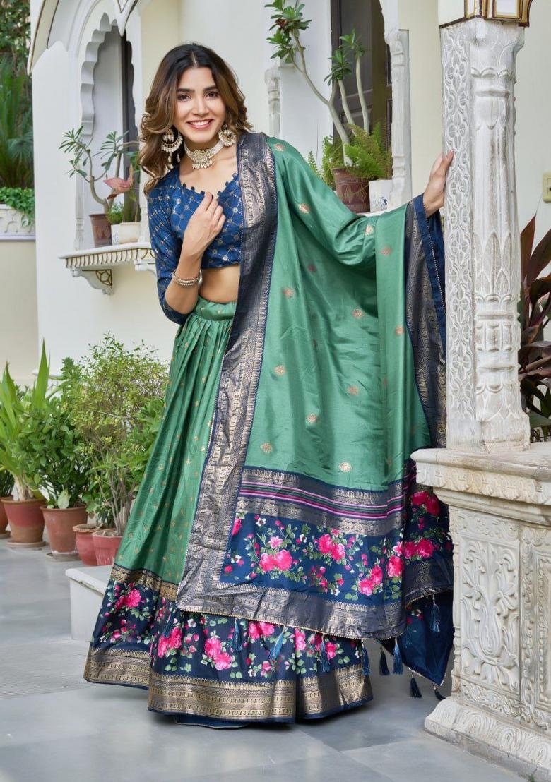 Green Printed Silk Blend Lehenga Set - Indya