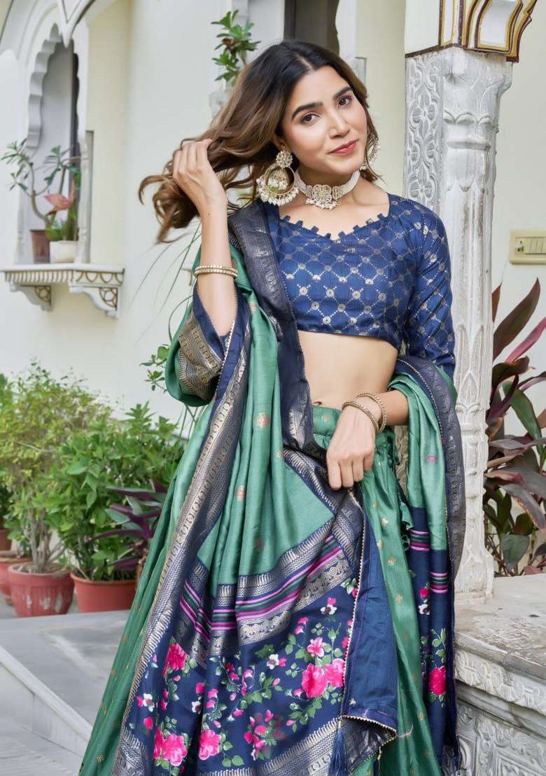 Green Printed Silk Blend Lehenga Set - Indya