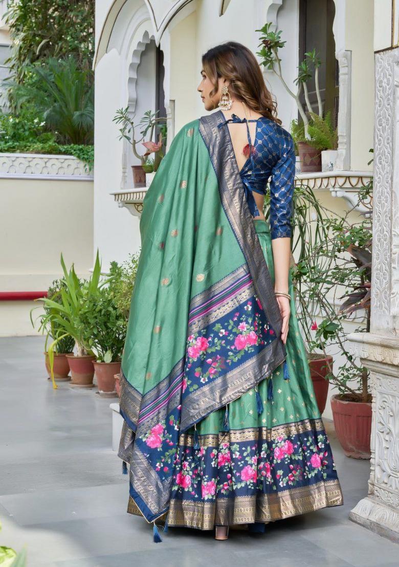 Green Printed Silk Blend Lehenga Set - Indya