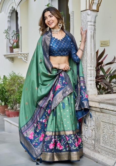 Green Printed Silk Blend Lehenga Set