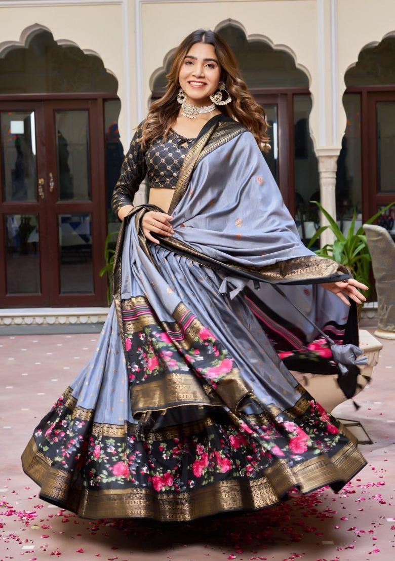 Grey Printed Silk Blend Lehenga Set - Indya