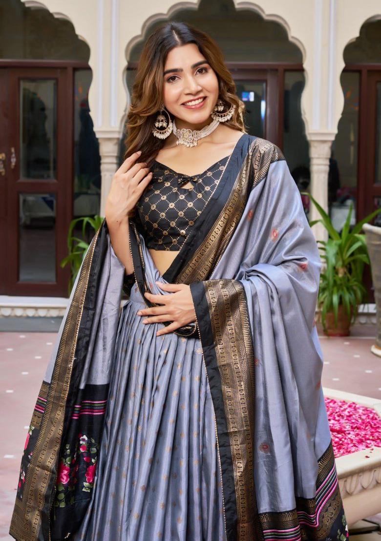 Grey Printed Silk Blend Lehenga Set - Indya