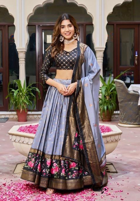 Grey Printed Silk Blend Lehenga Set