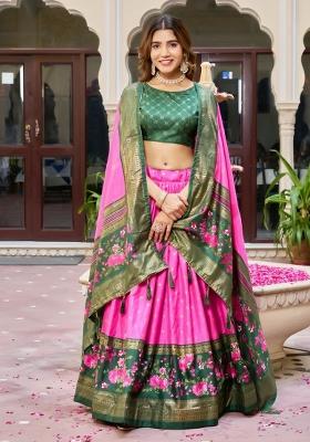Pink Printed Silk Blend Lehenga Set