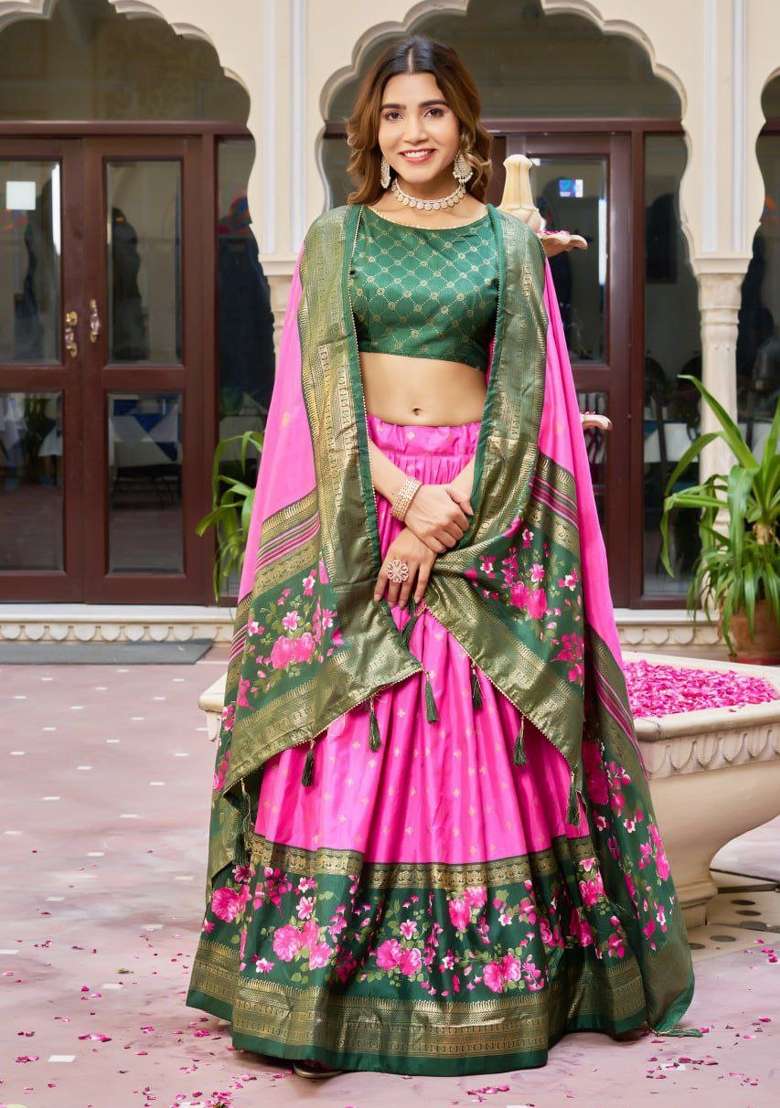 Pink Printed Silk Blend Lehenga Set - Indya