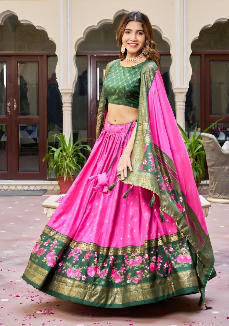 Pink Printed Silk Blend Lehenga Set - Indya
