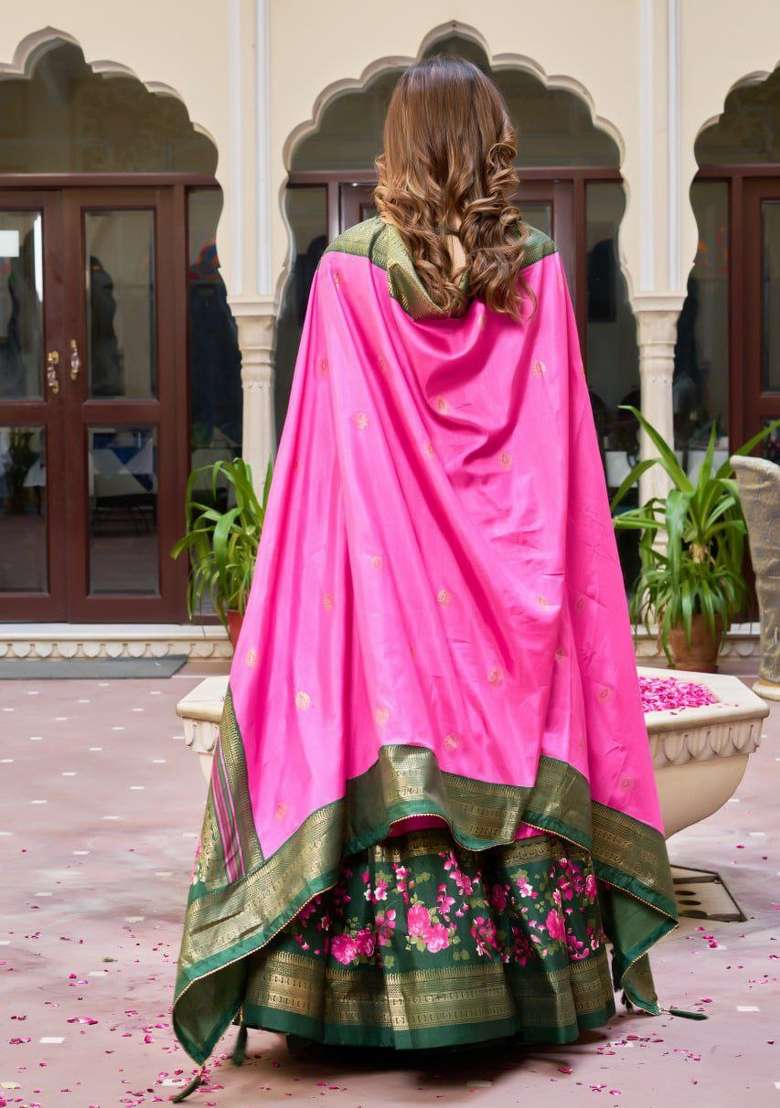 Pink Printed Silk Blend Lehenga Set - Indya