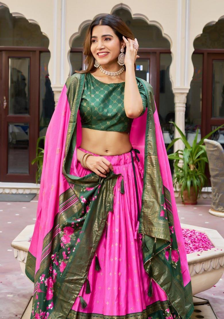 Pink Printed Silk Blend Lehenga Set - Indya