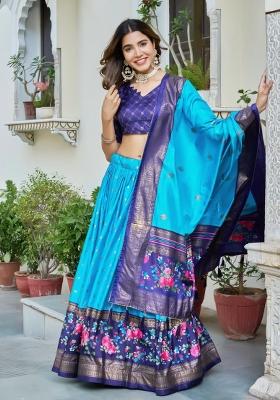 Sky Blue Printed Silk Lehenga Set