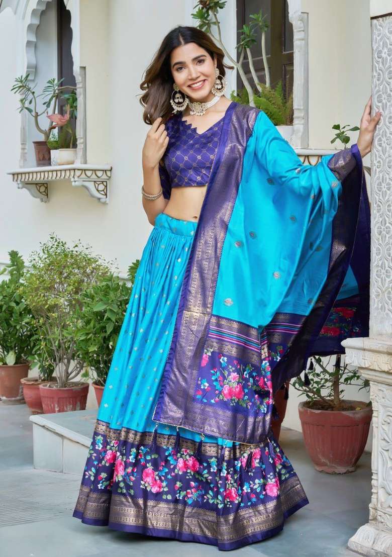 Sky Blue Printed Silk Blend Lehenga Set - Indya