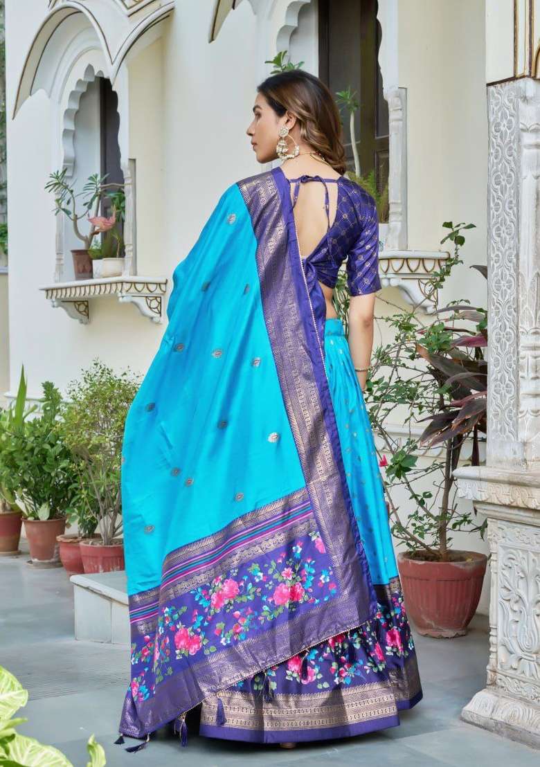 Sky Blue Printed Silk Blend Lehenga Set - Indya