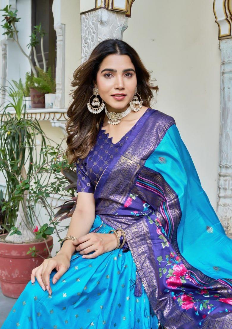 Sky Blue Printed Silk Blend Lehenga Set - Indya