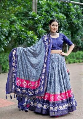 Grey Printed Silk Lehenga Set