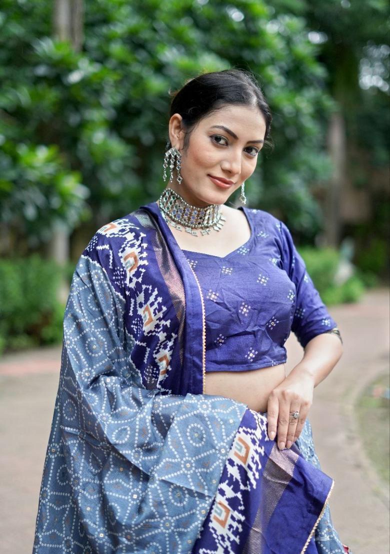 Grey Printed Silk Blend Lehenga Set - Indya