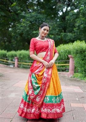 Yellow Printed Silk Blend Lehenga Set