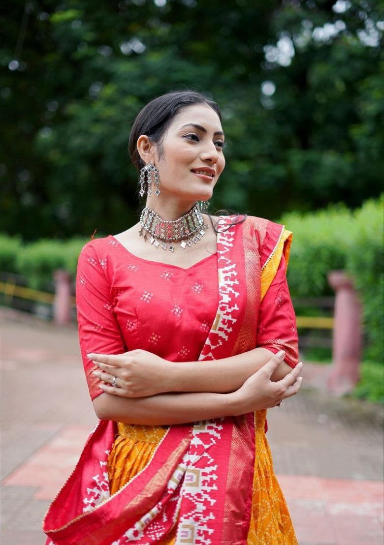 Yellow Printed Silk Blend Lehenga Set - Indya