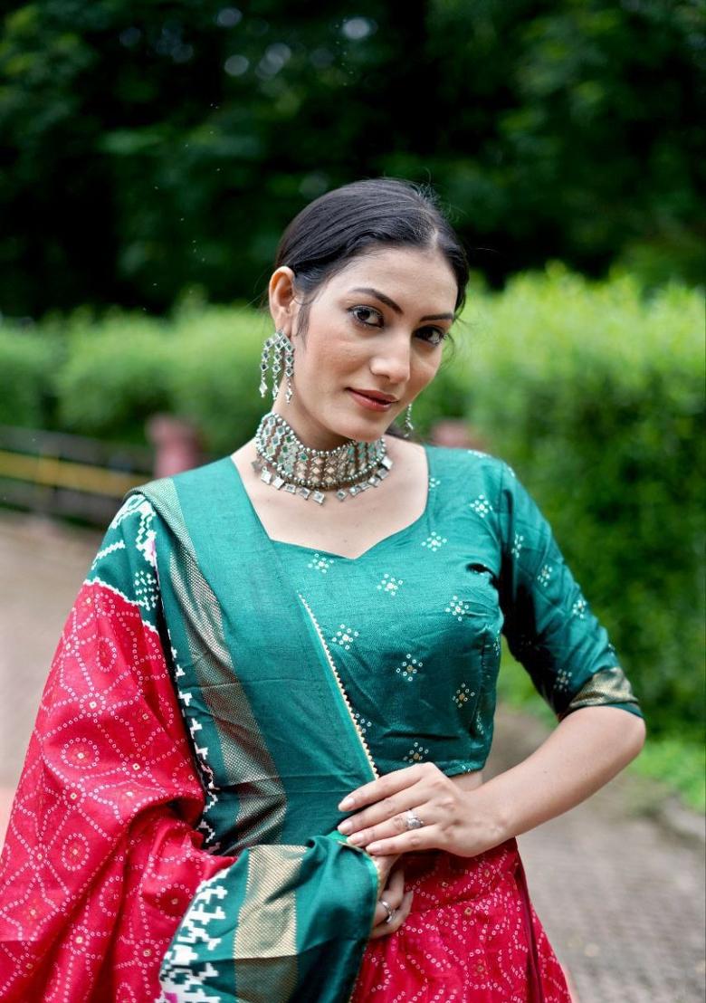 Red Printed Silk Blend Lehenga Set - Indya