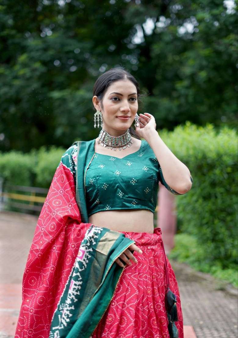Red Printed Silk Blend Lehenga Set - Indya