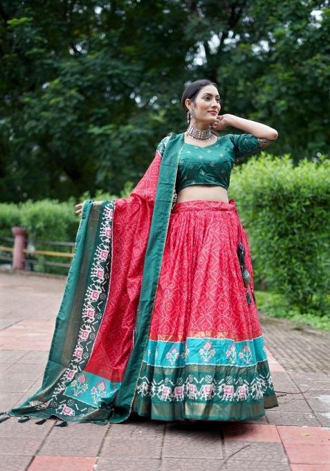Red Printed Silk Lehenga Set