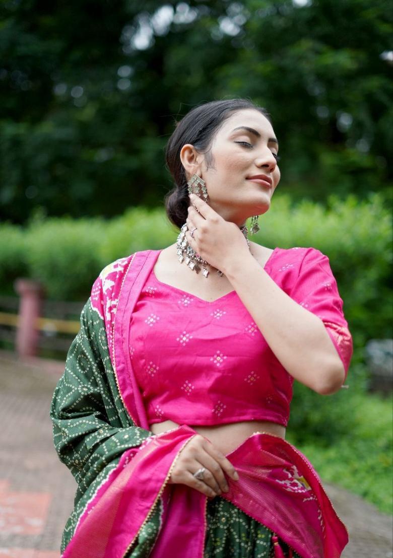 Mehendi Printed Silk Blend Lehenga Set - Indya