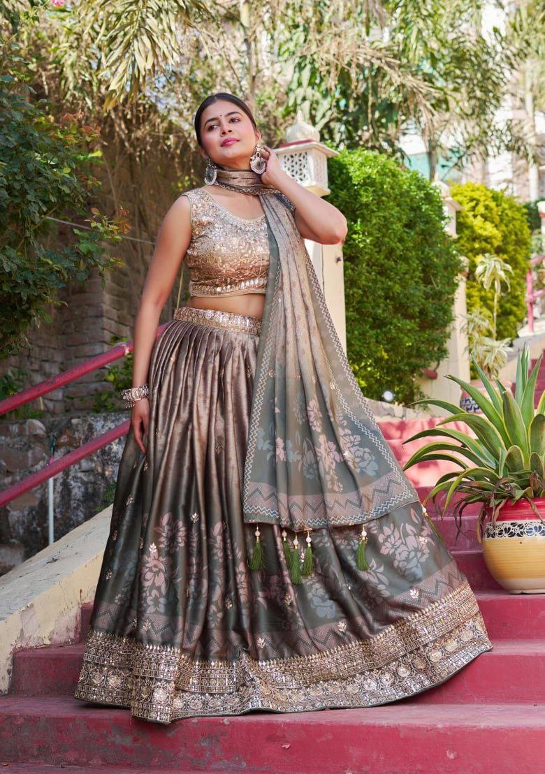 Grey Embroidered Silk Blend Lehenga Set - Indya