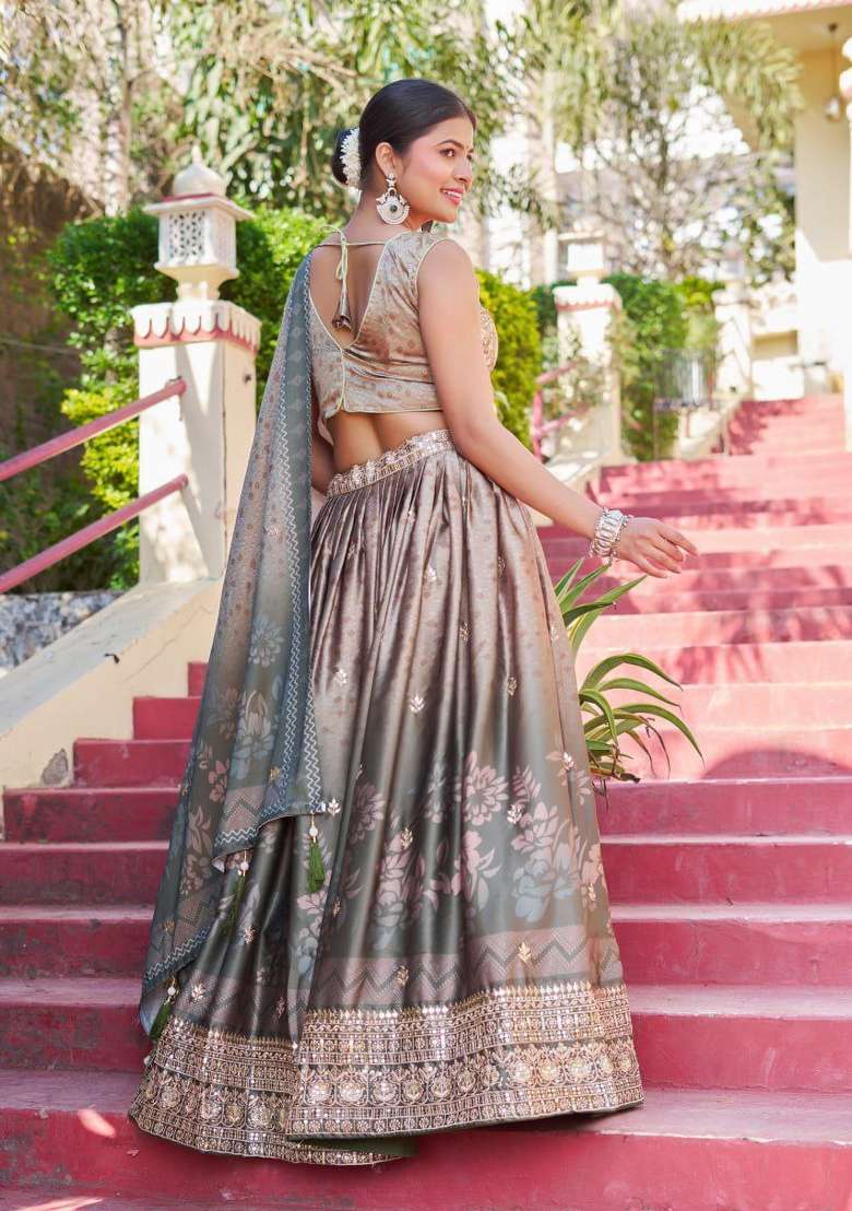 Grey Embroidered Silk Blend Lehenga Set - Indya