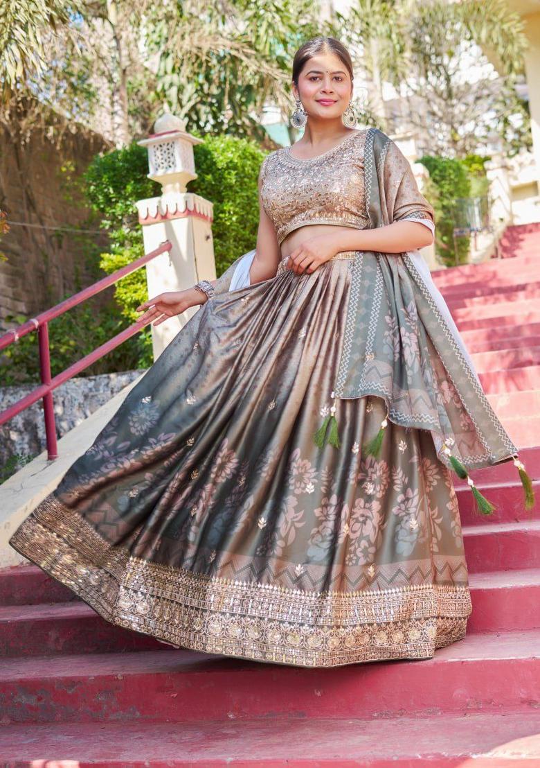Grey Embroidered Silk Blend Lehenga Set - Indya
