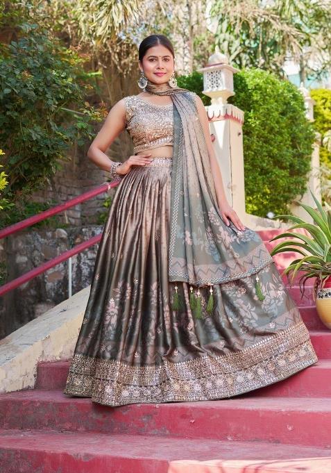 Grey Embroidered Silk Blend Lehenga Set