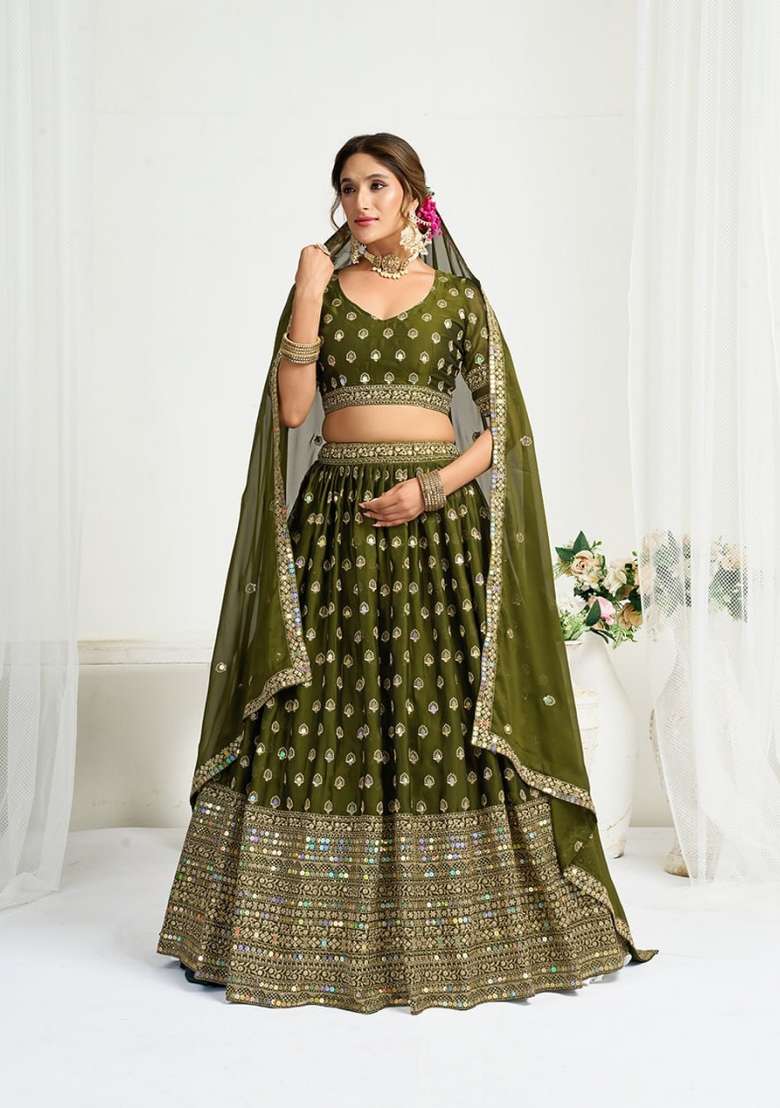 Mehendi Embroidered Silk Blend Lehenga Set - Indya
