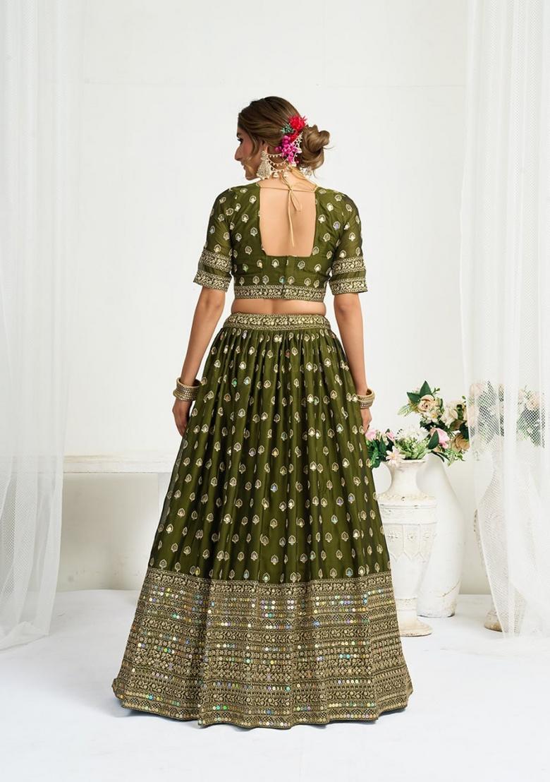 Mehendi Embroidered Silk Blend Lehenga Set - Indya