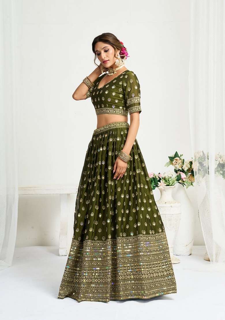 Mehendi Embroidered Silk Blend Lehenga Set - Indya