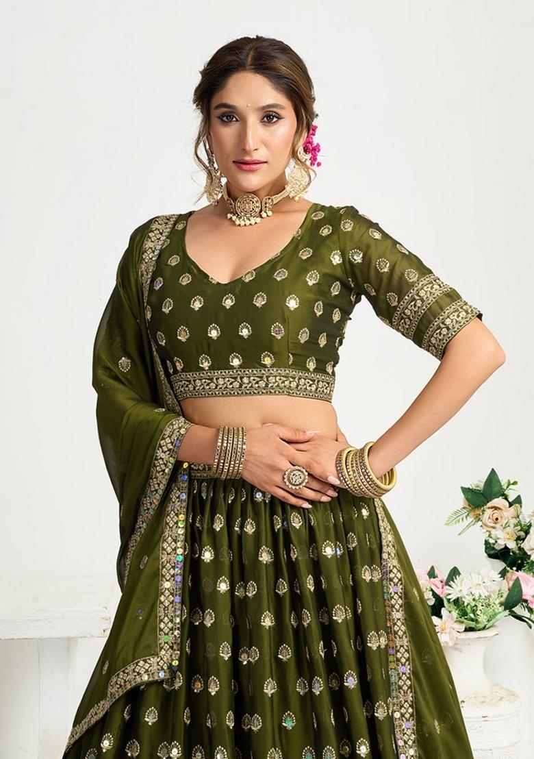 Mehendi Embroidered Silk Blend Lehenga Set - Indya