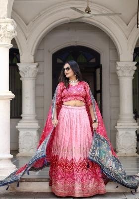 Pink Printed Silk Blend Lehenga Set