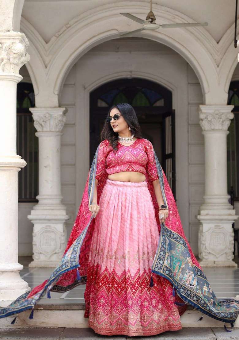 Pink Printed Silk Blend Lehenga Set - Indya