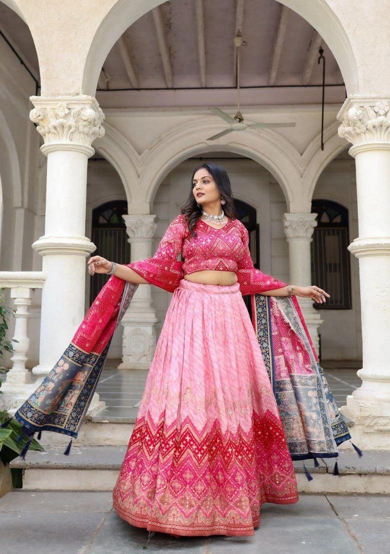 Pink Printed Silk Blend Lehenga Set - Indya