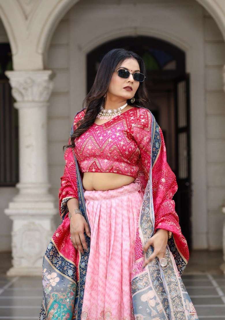 Pink Printed Silk Blend Lehenga Set - Indya