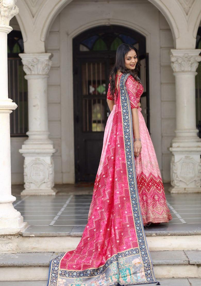 Pink Printed Silk Blend Lehenga Set - Indya
