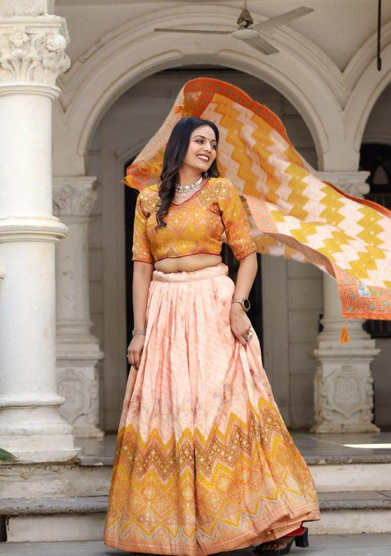 Peach Printed Silk Blend Lehenga Set - Indya