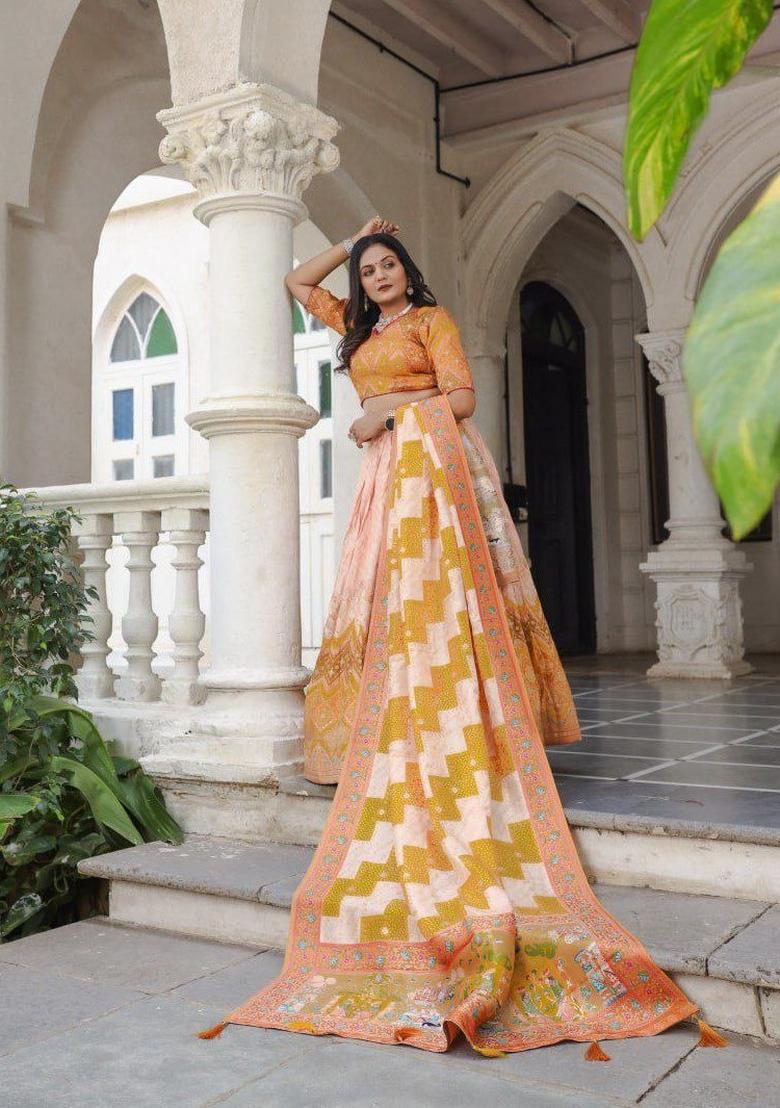 Peach Printed Silk Blend Lehenga Set - Indya